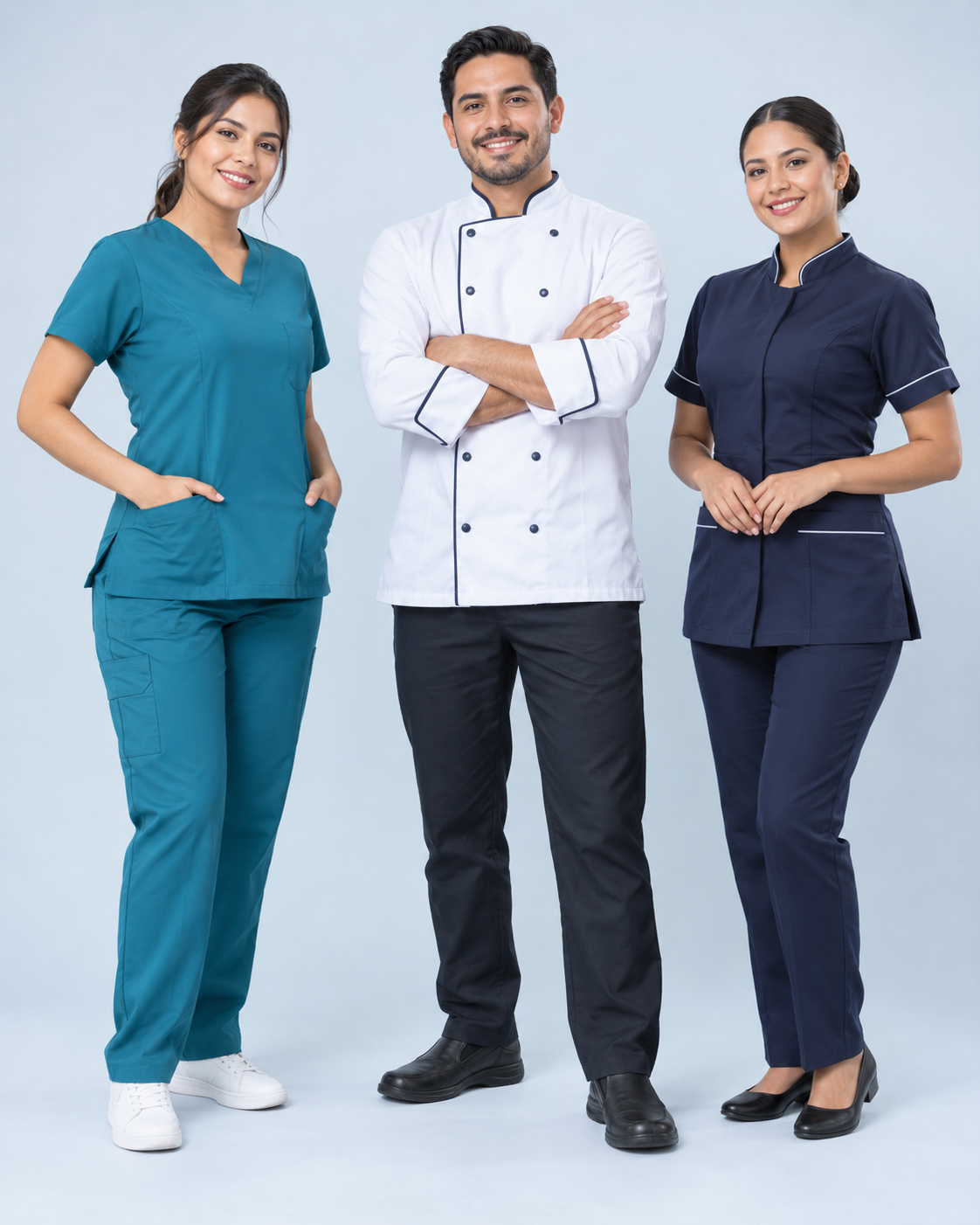 Profesionales latinoamericanos con uniformes médicos, gastronómicos y de servicios